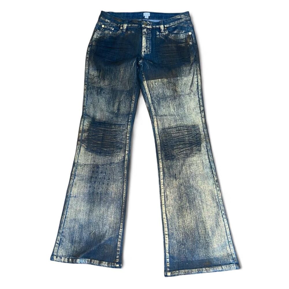 Vintage Y2K 2000 Cache Women's Gold and Navy Wax Flare Jeans SZ 12
